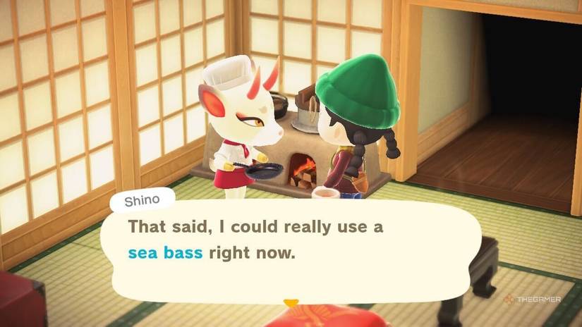 Shino asking for Sea Bass for Turkey Day in Animal Crossing New Horizons.