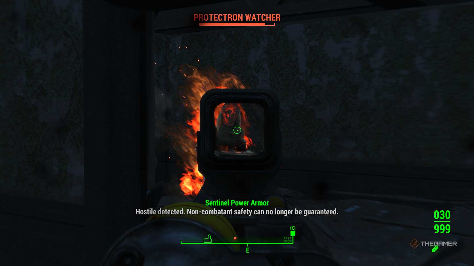 Shooting a Protectron Watcher who is on fire in Fallout 4.