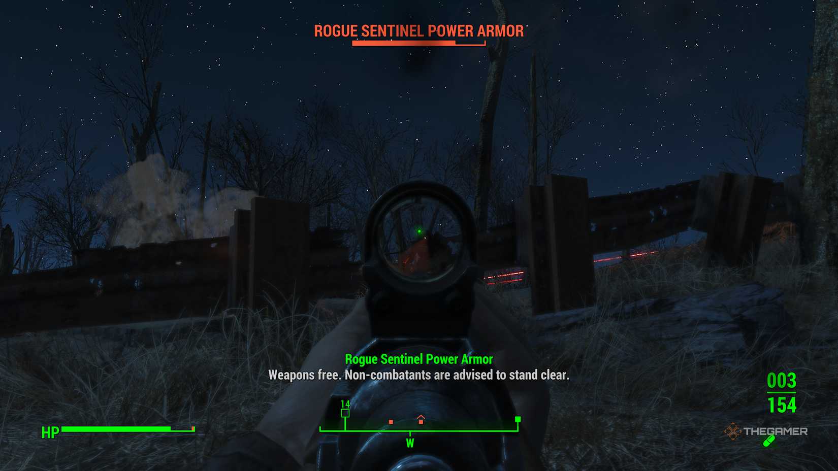Shooting Rogue Sentinel Power Armor in Fallout 4.