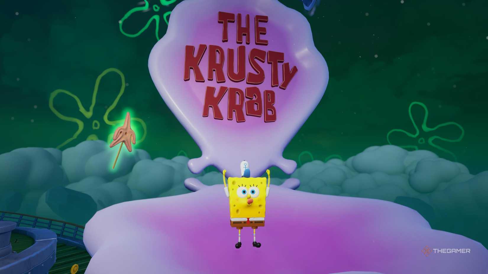 SpongeBob wearing his Employee of the Month outfit in SpongeBob SquarePants: Titans of the Tide.