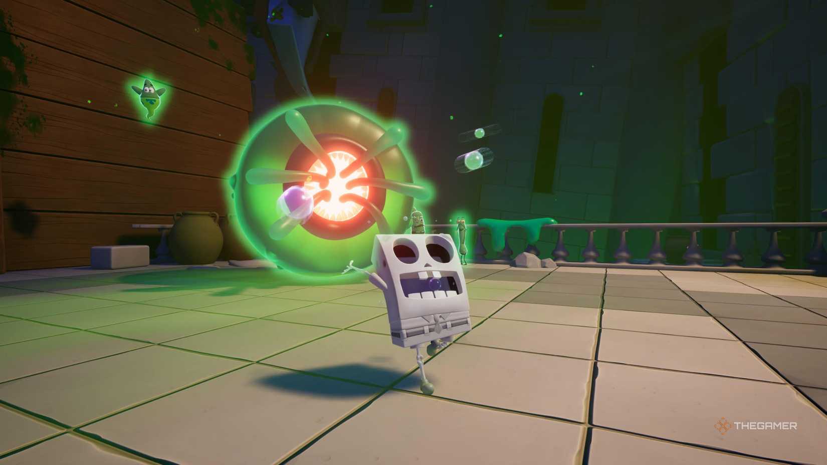 SpongeBob dressed as a skeleton in Titans of the Tide.