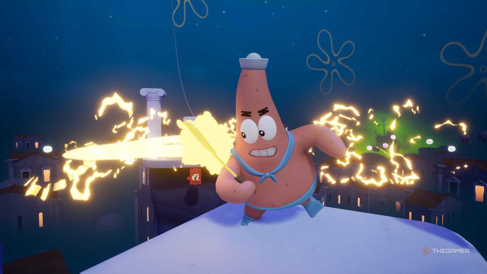 Patrick in his Barnacle Boy outfit in SpongeBob SquarePants: Titans of the Tide.