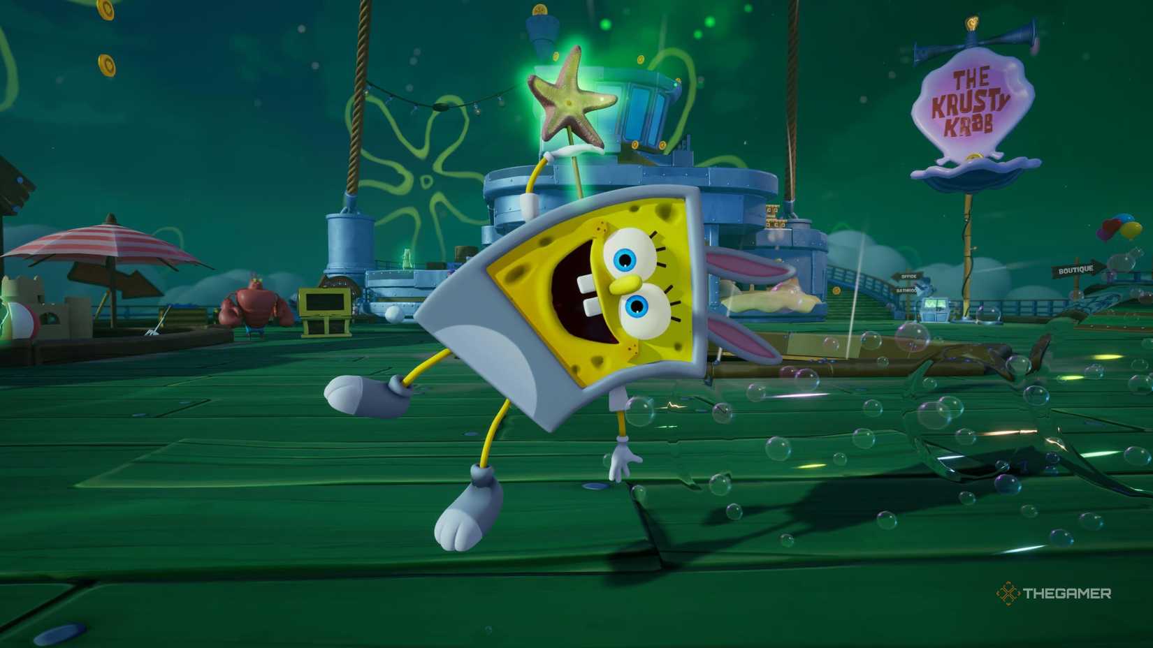 SpongeBob in his Bunnybob costume in SpongeBob SquarePants: Titans of the Tide.