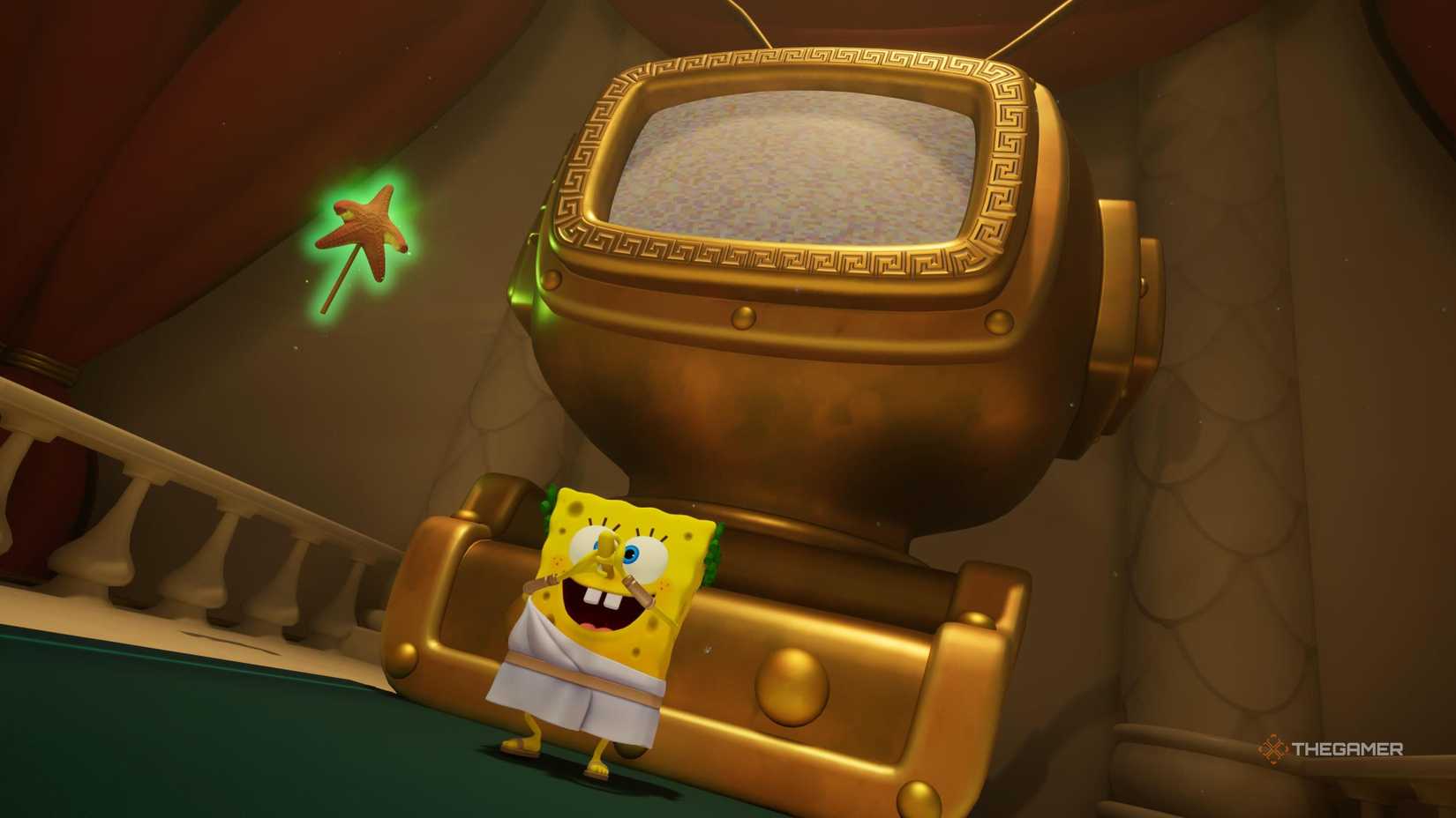 SpongeBob in his Emperor of the Sea costume in SpongeBob SquarePants: Titans of the Tide.