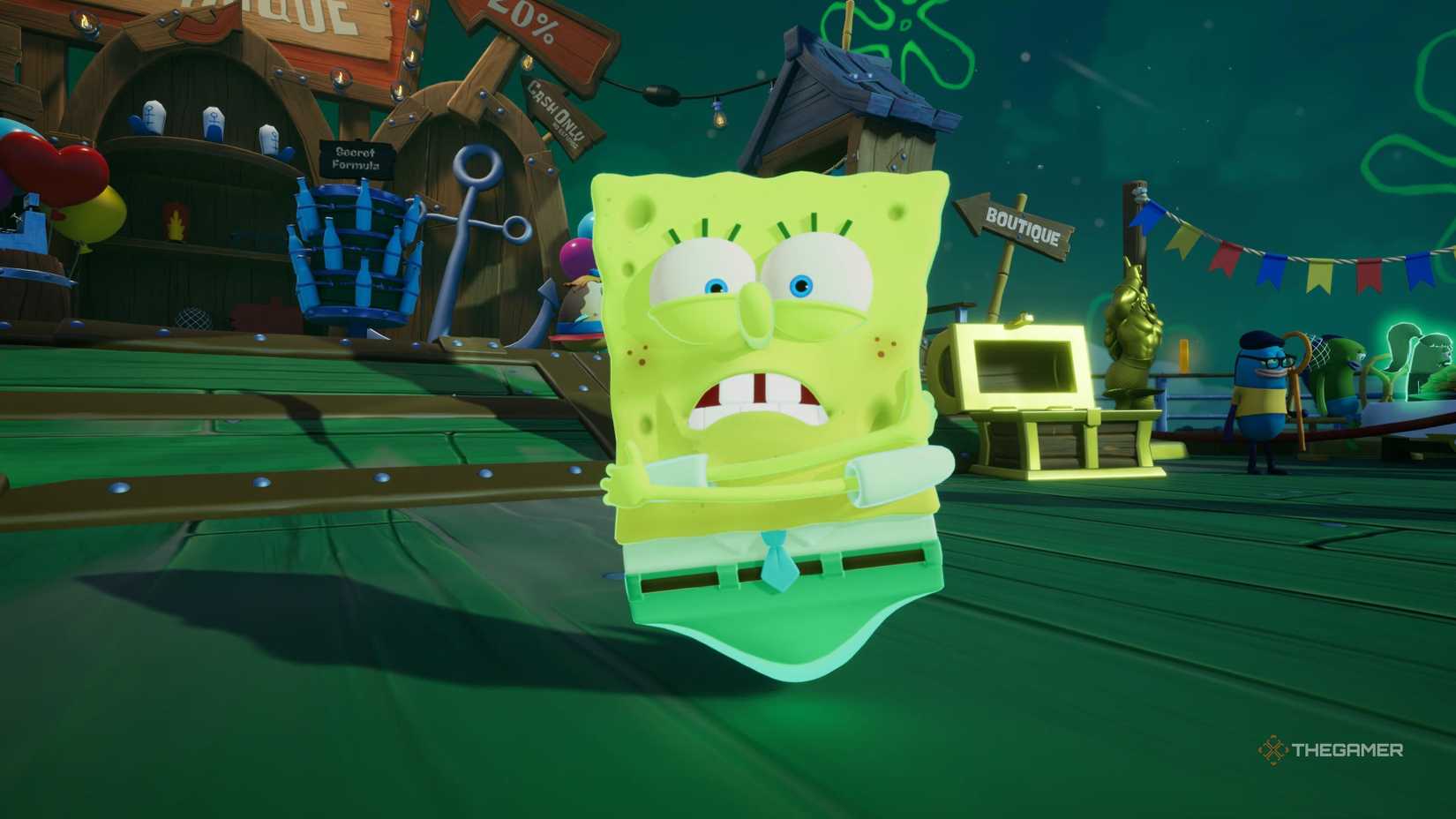 SpongeBob in his BFF Ghost costume in SpongeBob SquarePants: Titans of the Tide.