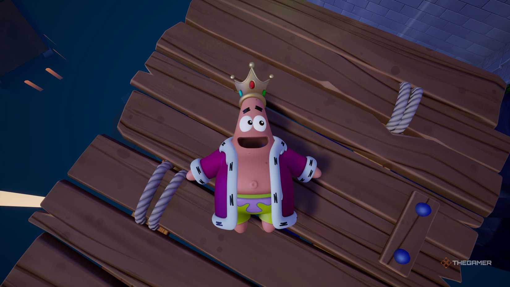 Patrick in his King Patrick costume in SpongeBob SquarePants: Titans of the Tide.