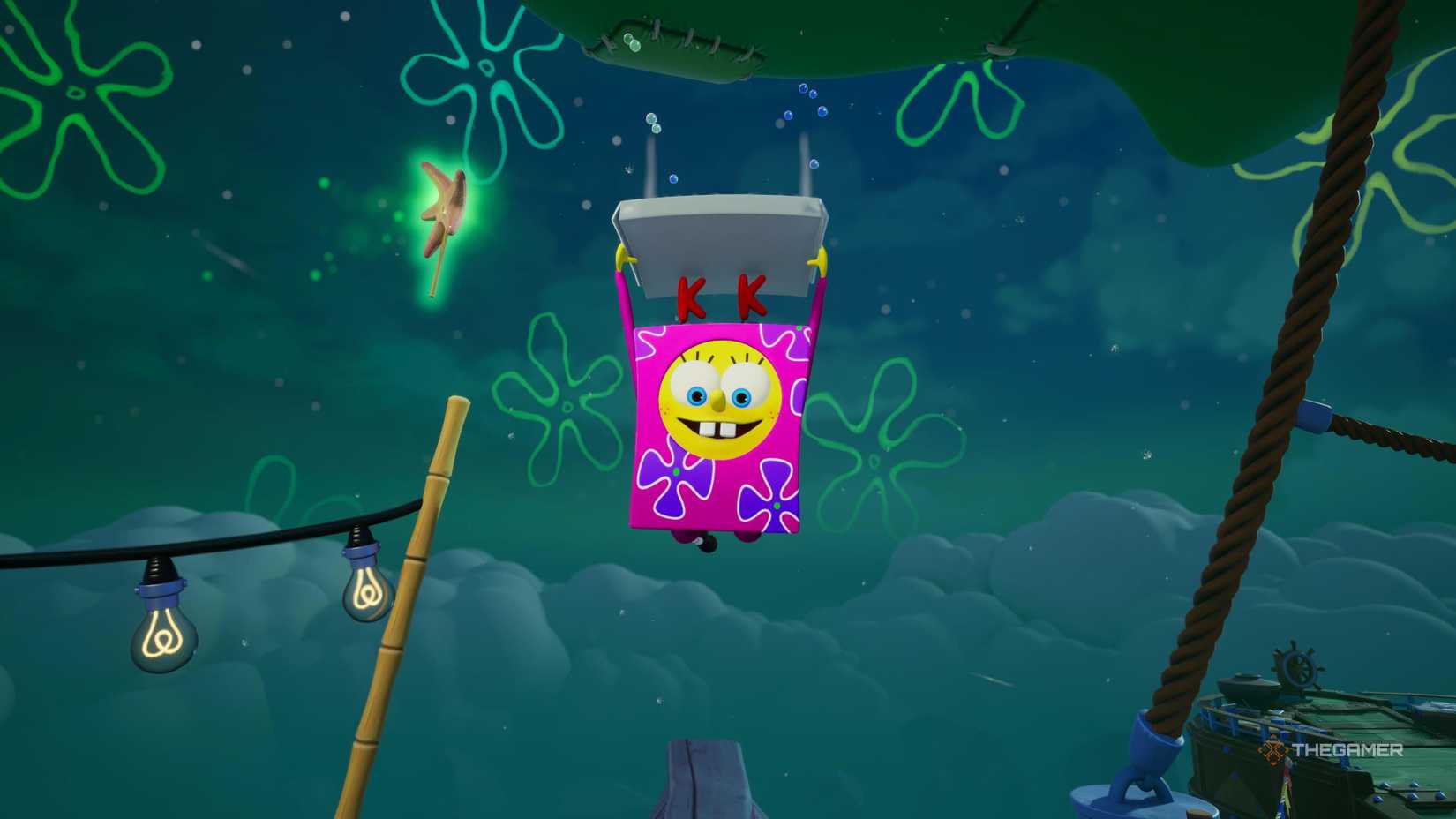 SpongeBob wearing his Kuddlybob outfit in SpongeBob SquarePants: Titans of the Tide.