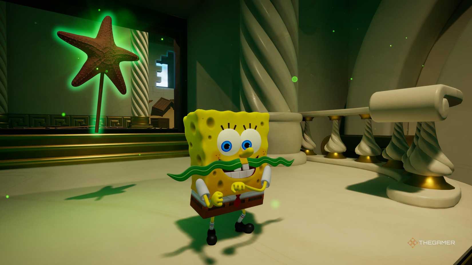 SpongeBob with a Mustache in SpongeBob SquarePants: Titans of the Tide.