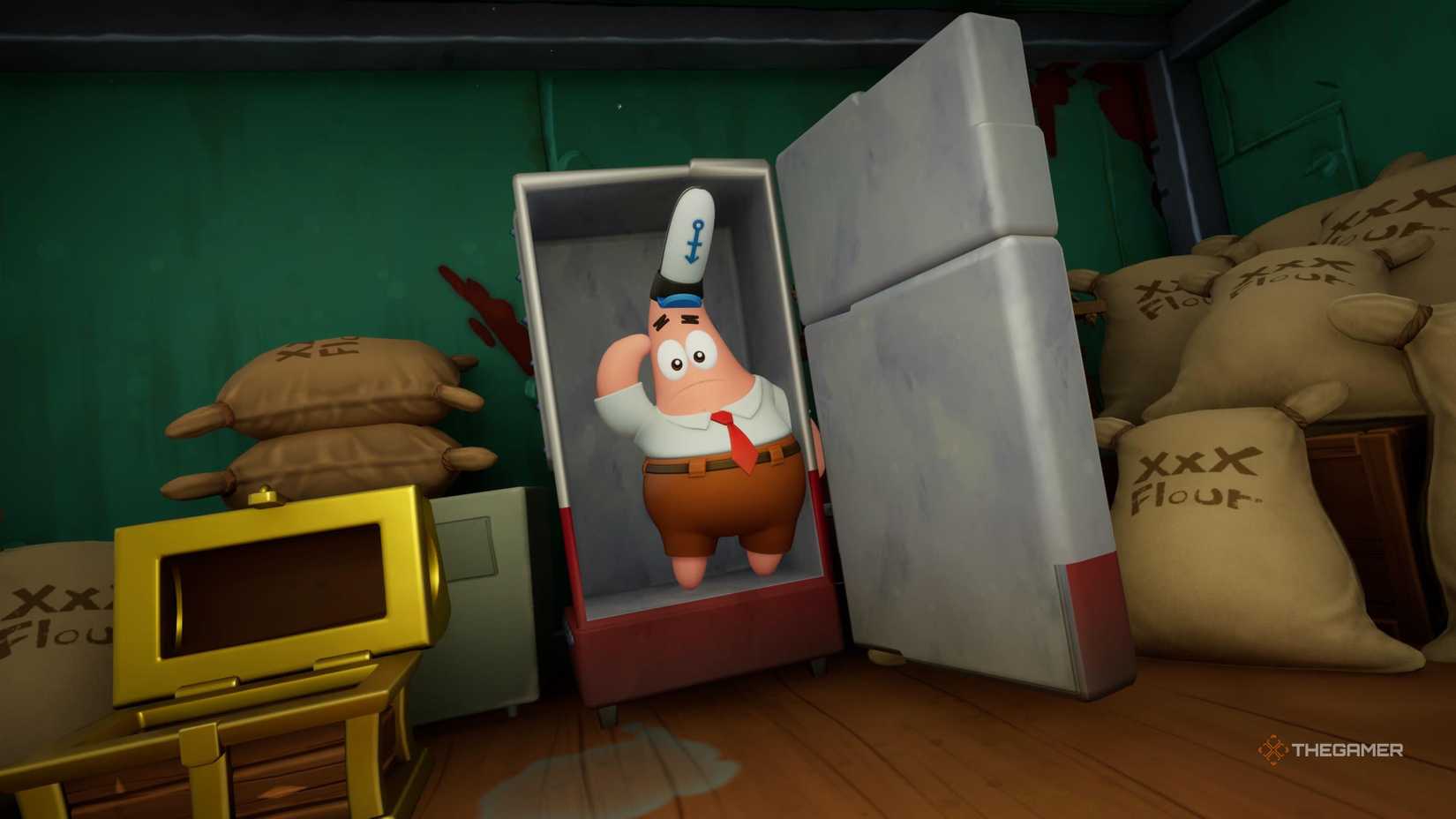 Patrick in his Copy of the Month outfit in SpongeBob SquarePants: Titans of the Tide.