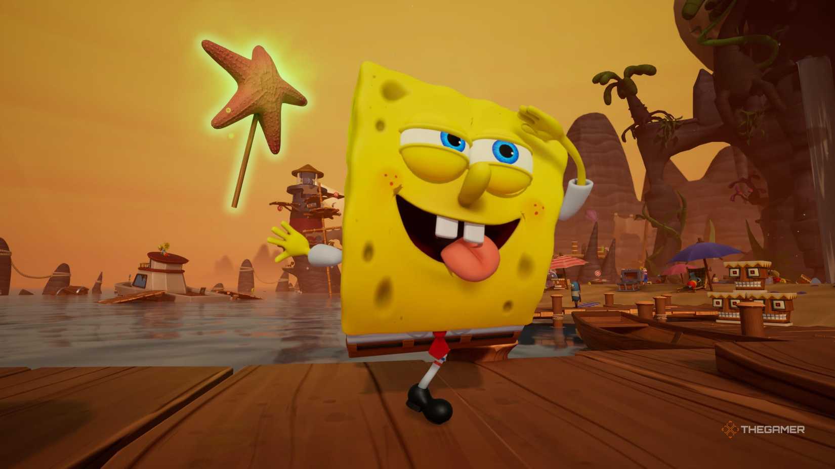 SpongeBob in his classic outfit in SpongeBob SquarePants: Titans of the Tide.