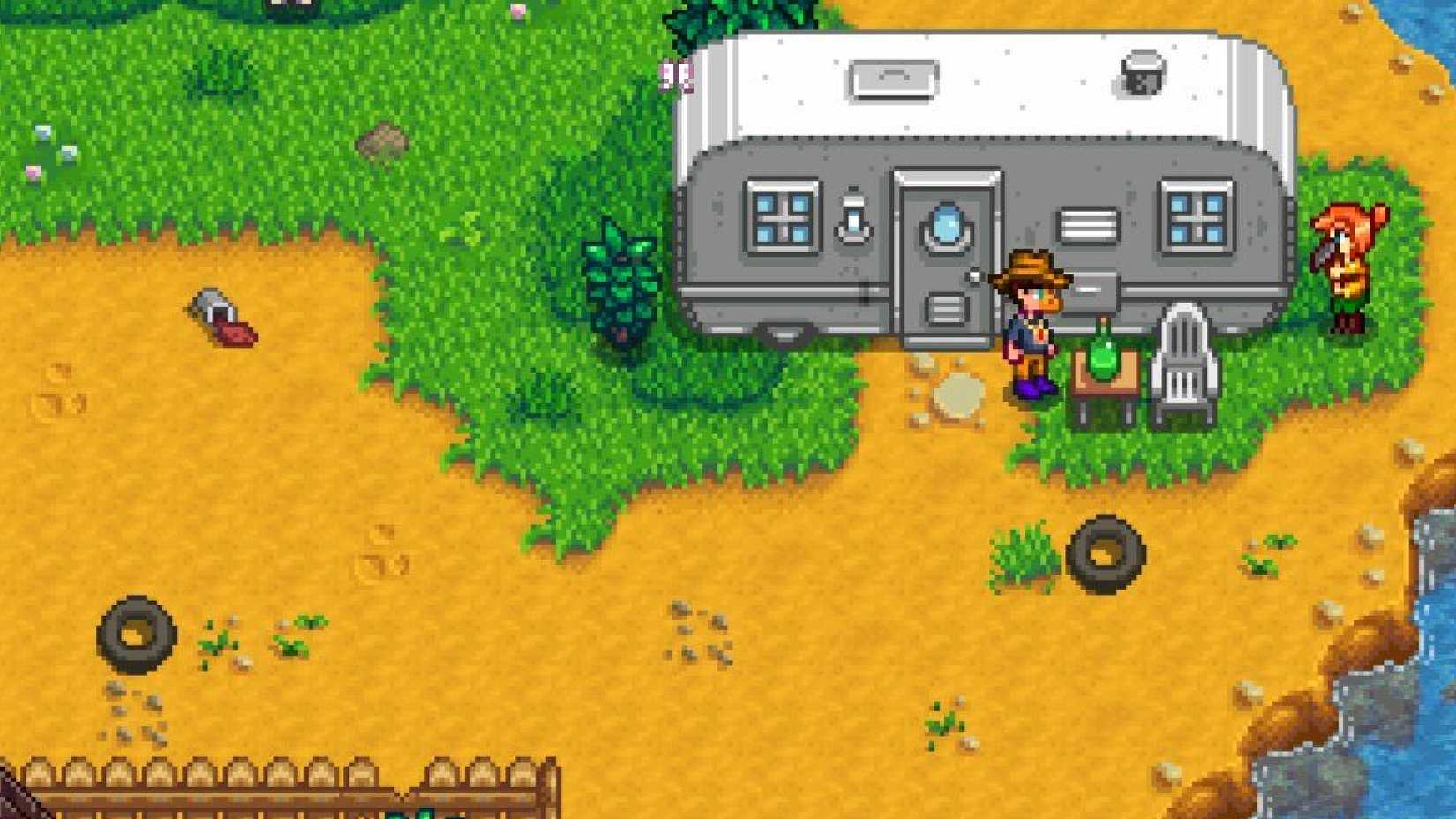 stardew valley pams yard and trailer home with trash in it