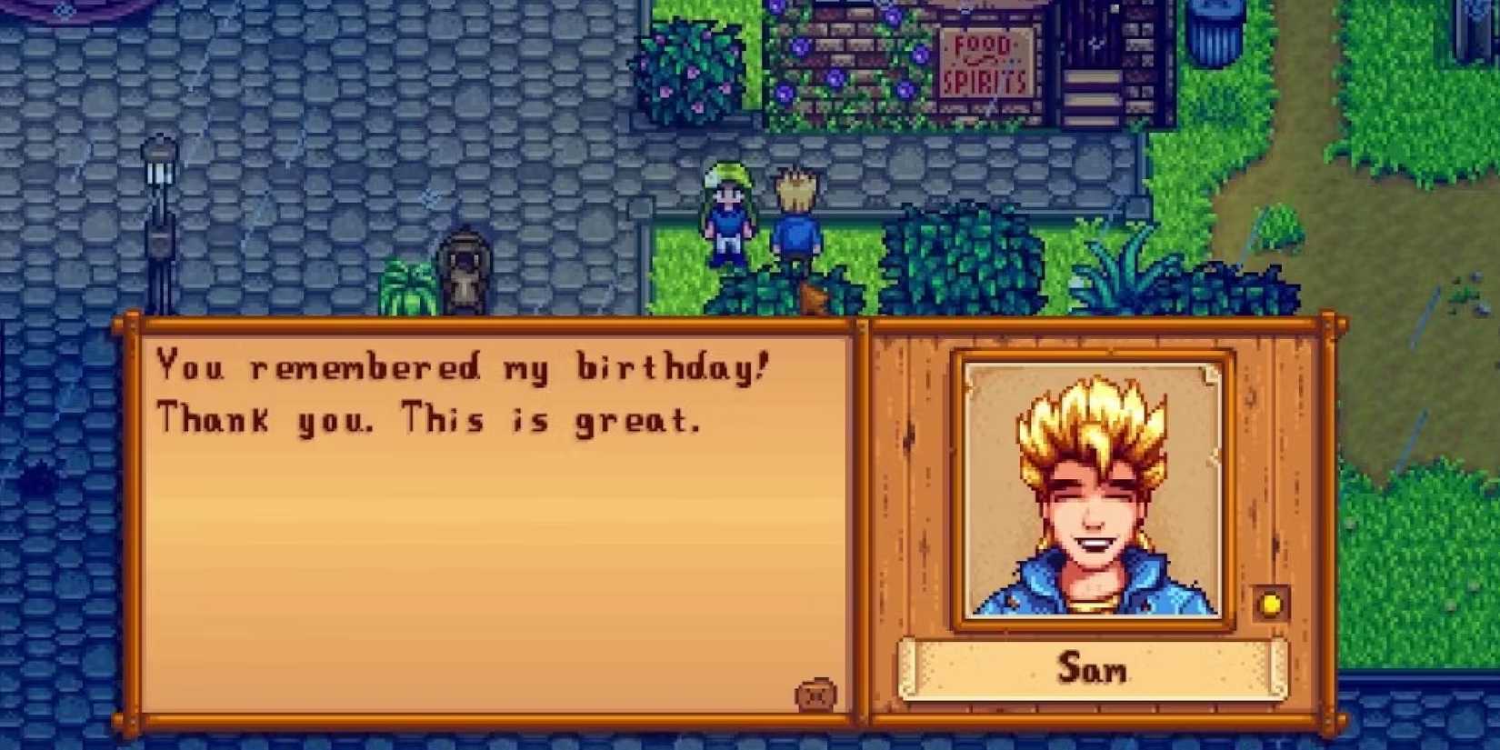 stardew valley player giving sam a gift he loves.