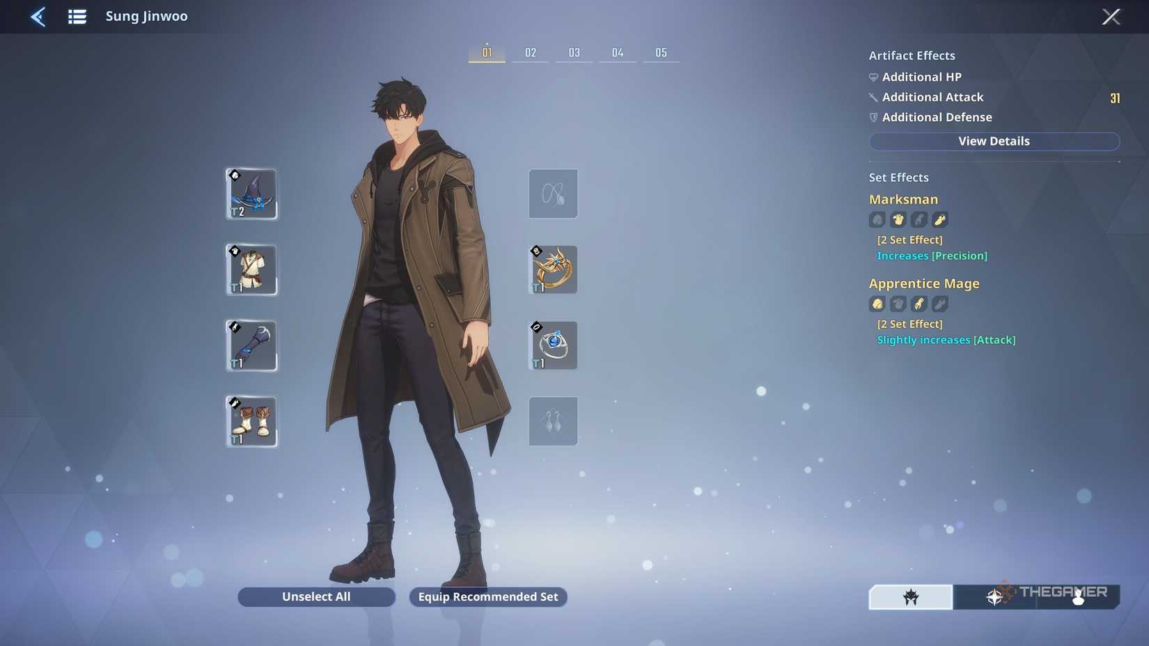 Sung Jinwoo with a few different artifact sets in Solo Leveling Arise Overdrive.