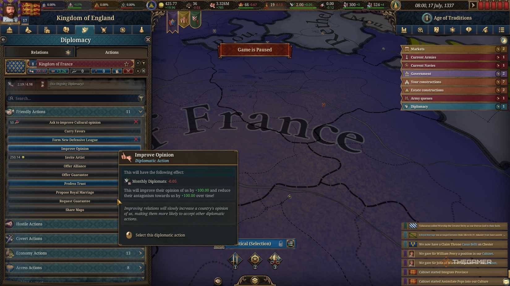 Taking diplomatic action as England to improve relations with France to decrease Antagonism in Europa Universalis 5.