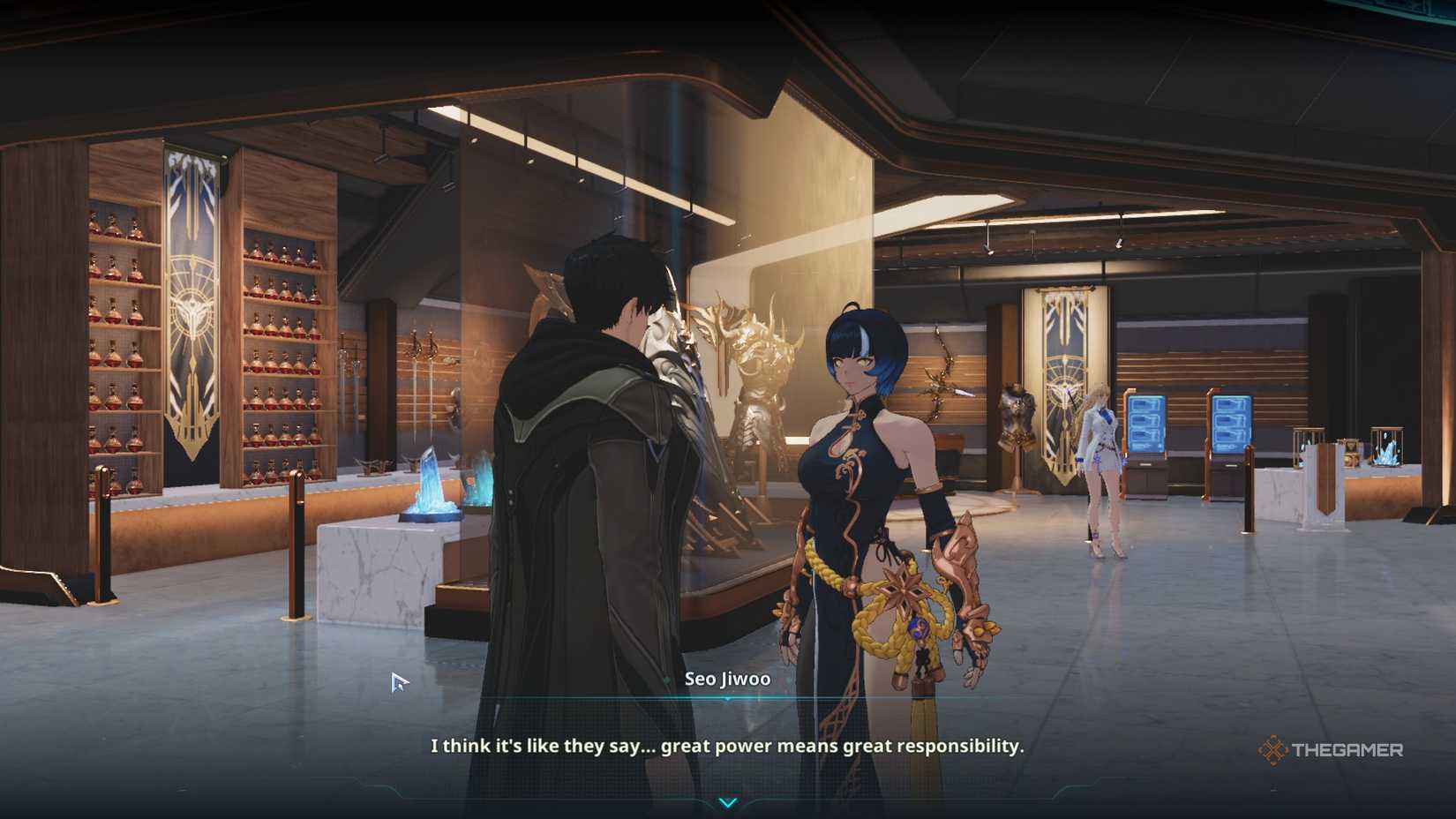 Talking to Seo Jiwoo before recruiting her in Solo Leveling Arise Overdrive.