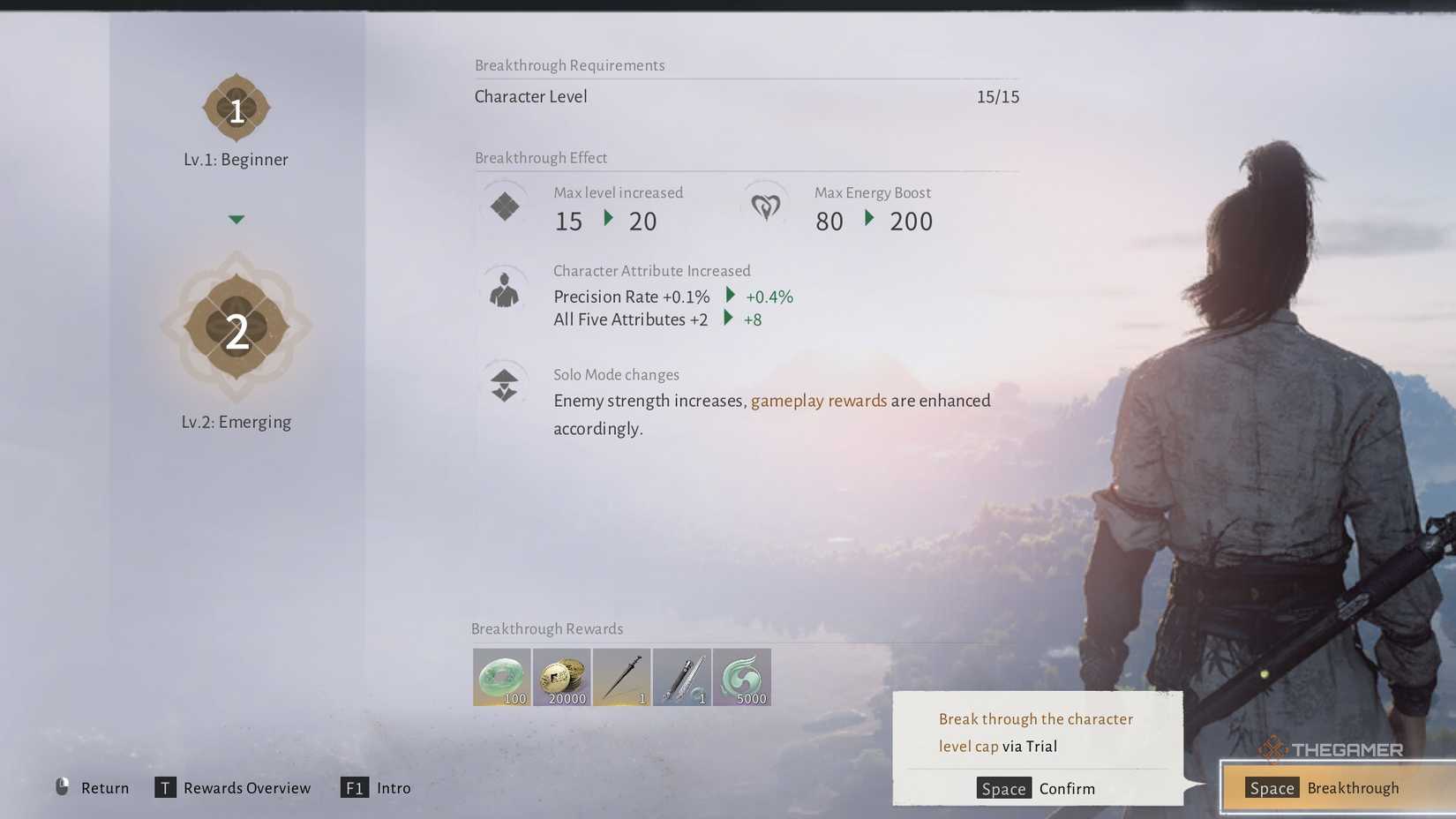The breakthrough and level up screen in Where Winds Meet.