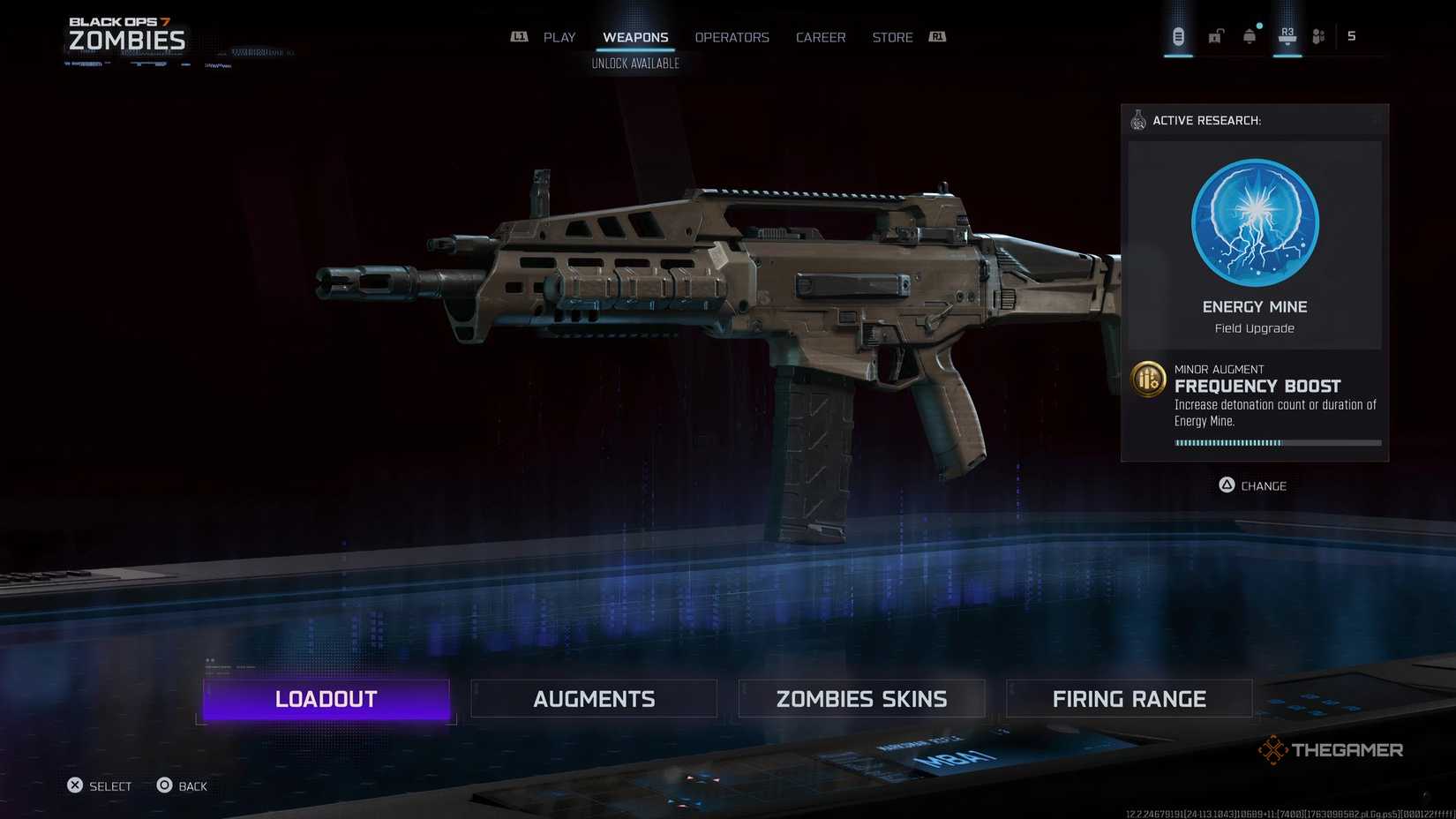 The Call of Duty: Black Ops 7 Zombies weapons menu showing your currently selected Augment Research