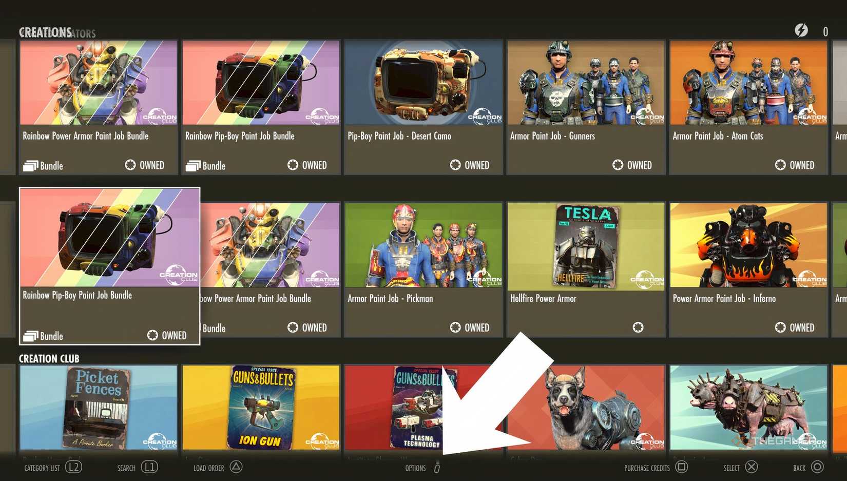 The Creation Club homepage with an arrow pointing to the options button in Fallout 4_ Anniversary Edition