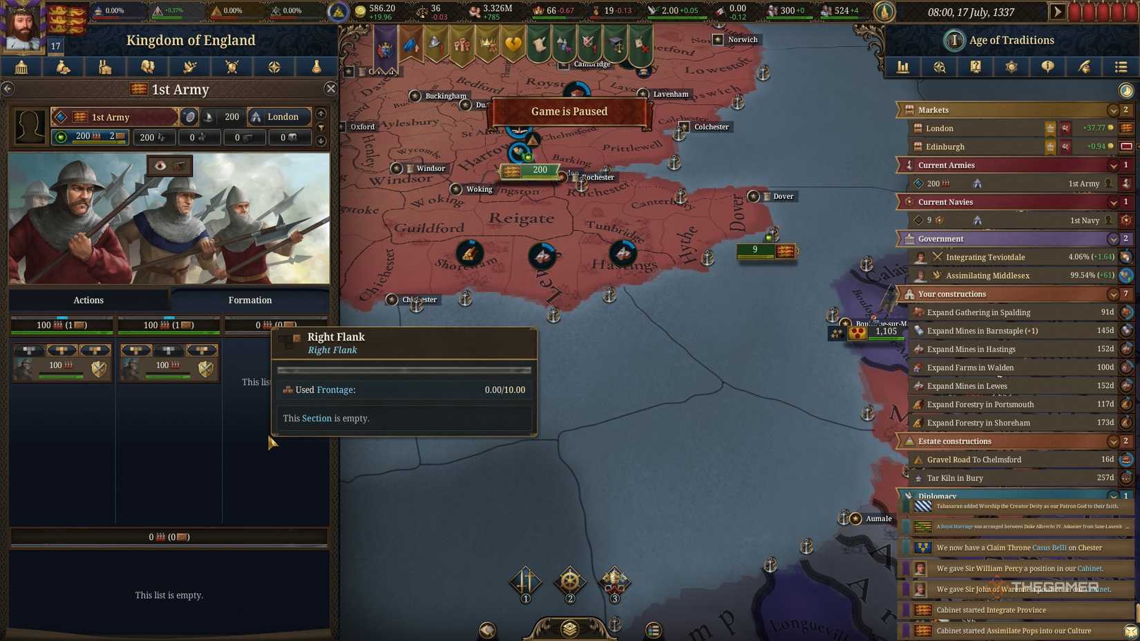 The formation of the 1st Army for the Kingdom of England in Europa Universalis 5.