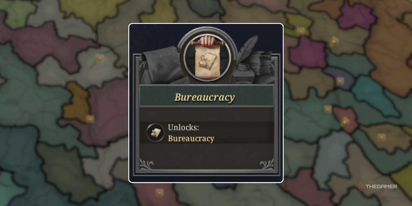 The info overview box for the Bureaucracy Advance in Europa Universalis 5, over a map of Europa in EU5 in the early game.