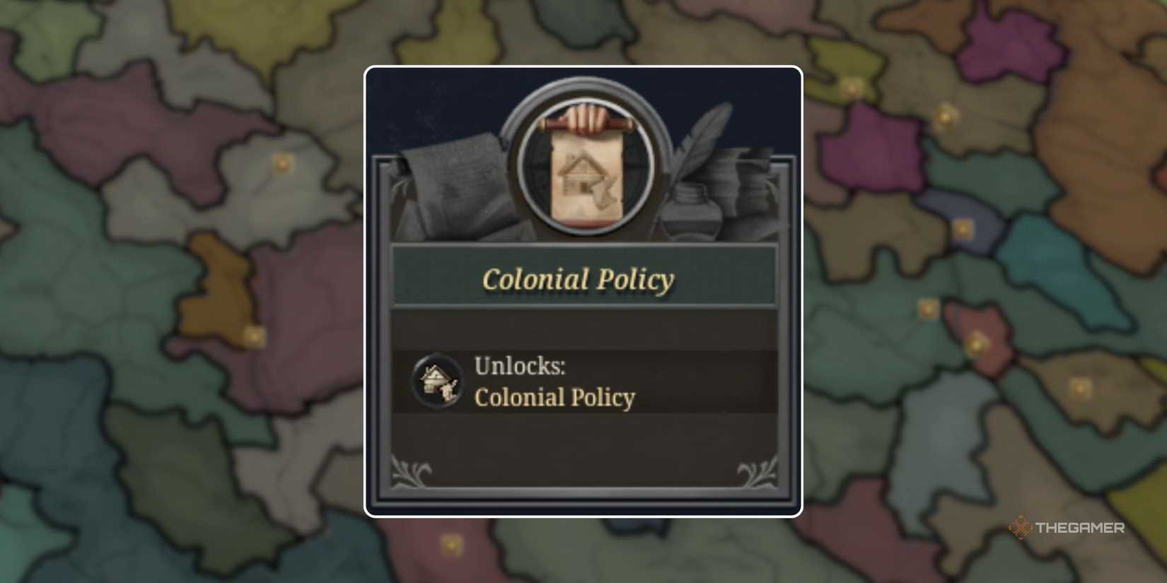 The info overview box for the Colonial Policy Advance in Europa Universalis 5, over a map of Europa in EU5 in the early game.