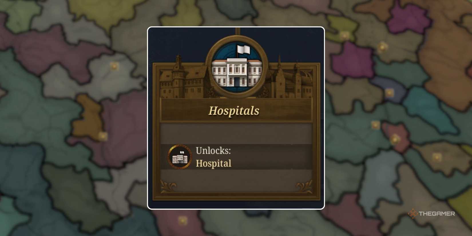 The info overview box for the Hospitals Advance in Europa Universalis 5, over a map of Europa in EU5 in the early game.