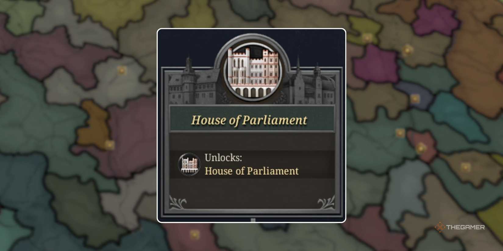 The info overview box for the House of Parliament Advance in Europa Universalis 5, over a map of Europa in EU5 in the early game.