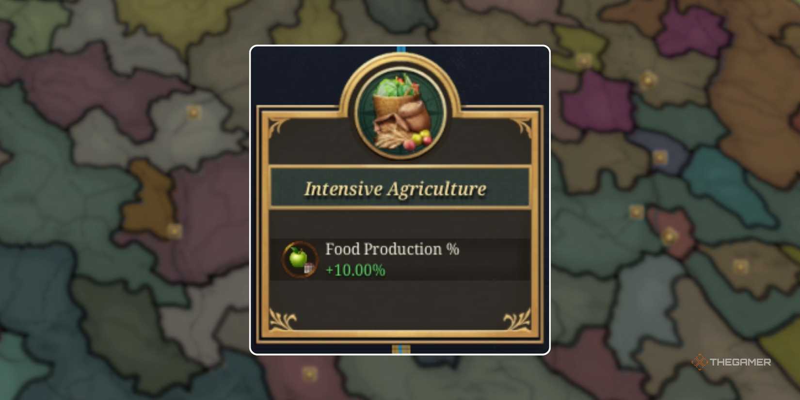 The info overview box for the Intensive Agriculture Advance in Europa Universalis 5, over a map of Europa in EU5 in the early game.