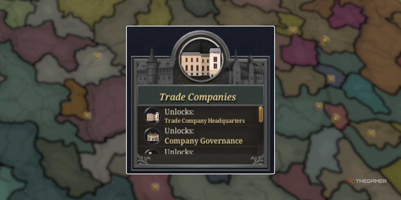 The info overview box for the Trade Companies Advance in Europa Universalis 5, over a map of Europa in EU5 in the early game.