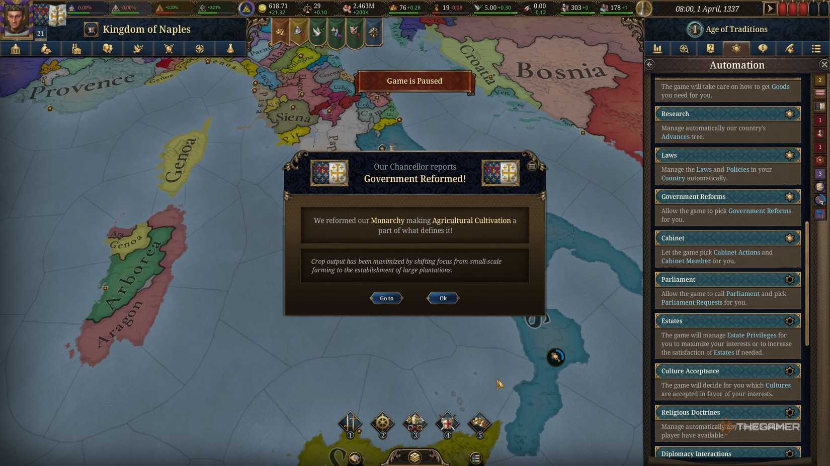 The Kingdom of Naples reforming their government in Europa Universalis 5.