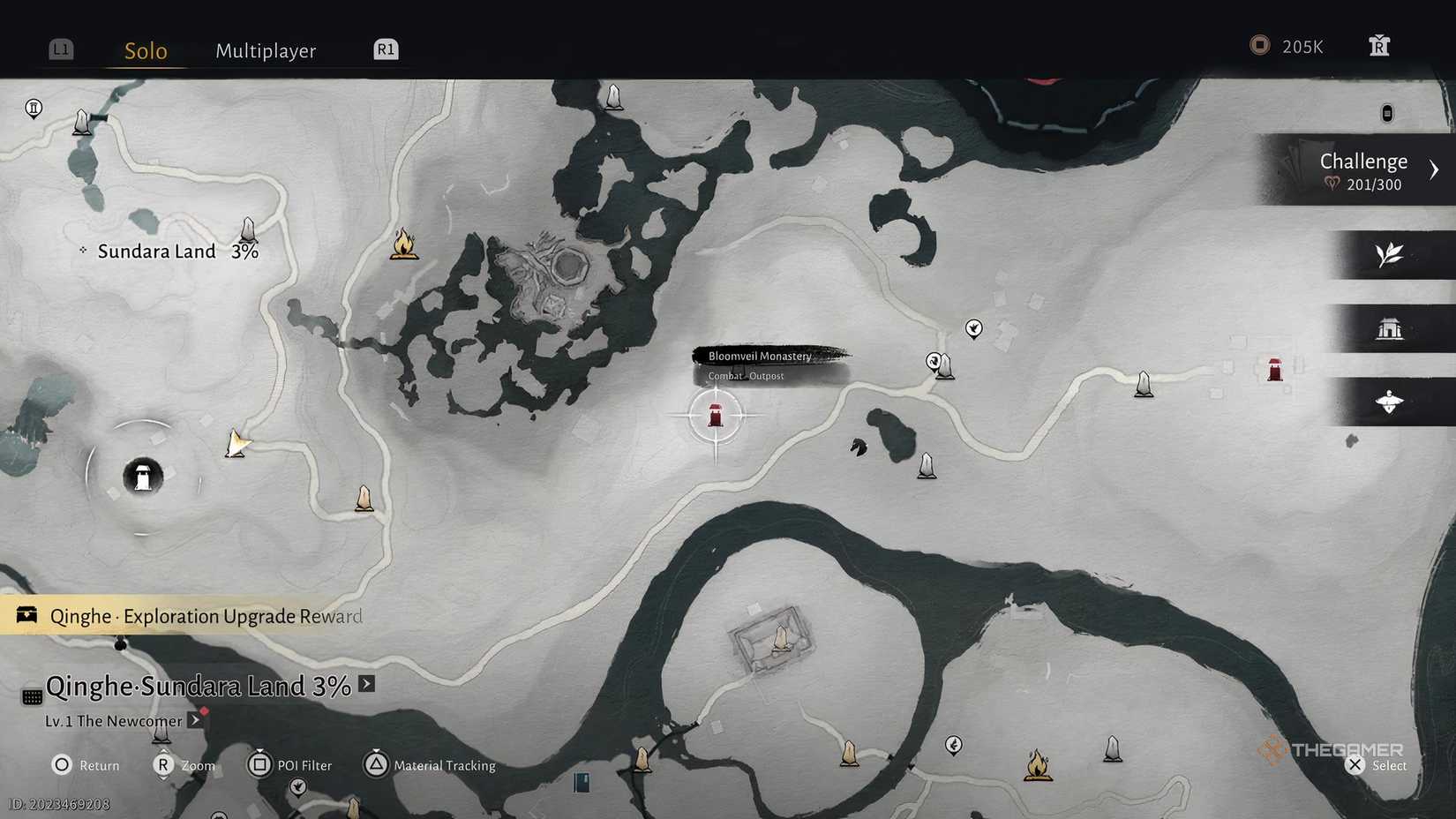 The map location of the Bloomveil Monastery outpost in Where Winds Meet that has a Dragon Key.