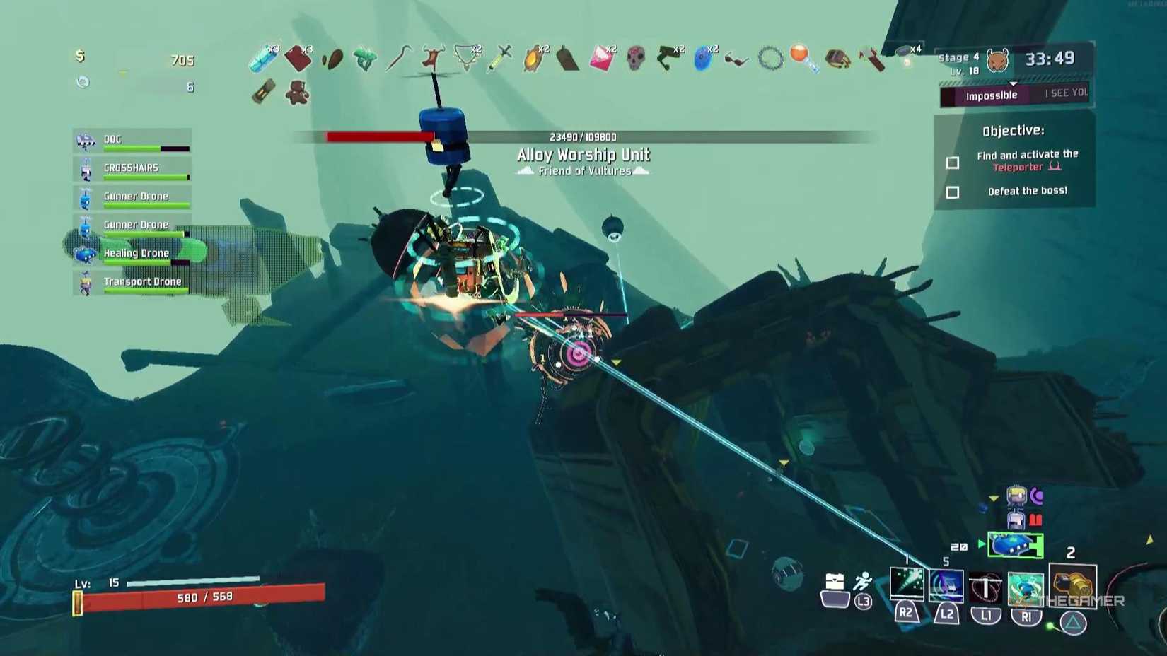 The Operator fights the Alloy Worship Unit in Risk of Rain 2.