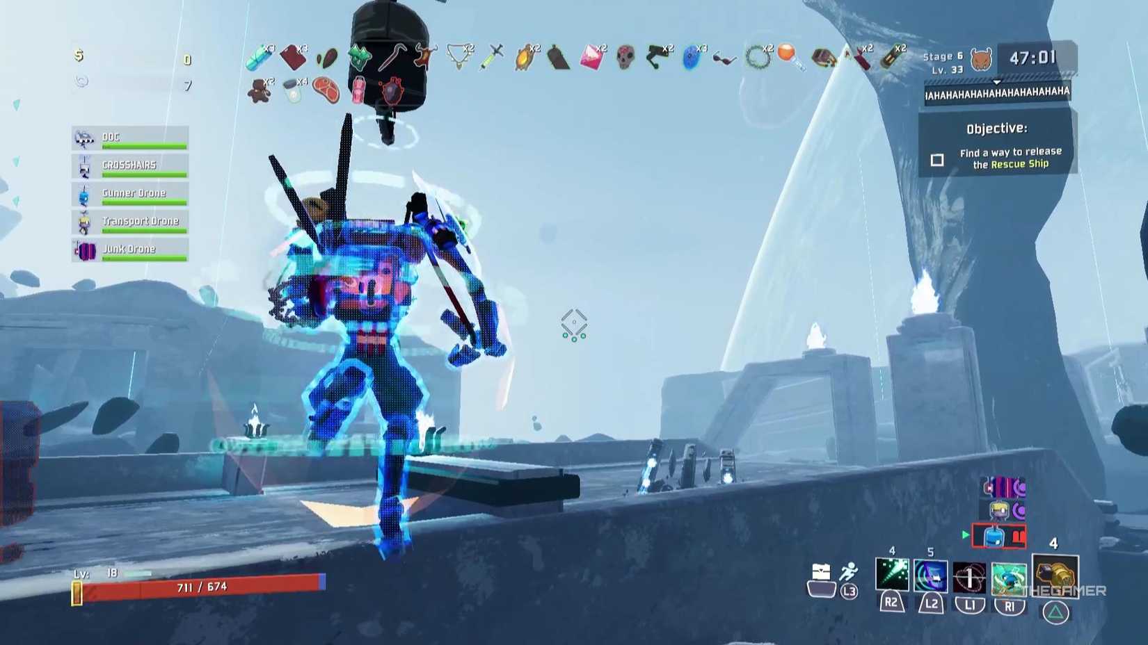 The Operator flies with their drone in Risk of Rain 2.