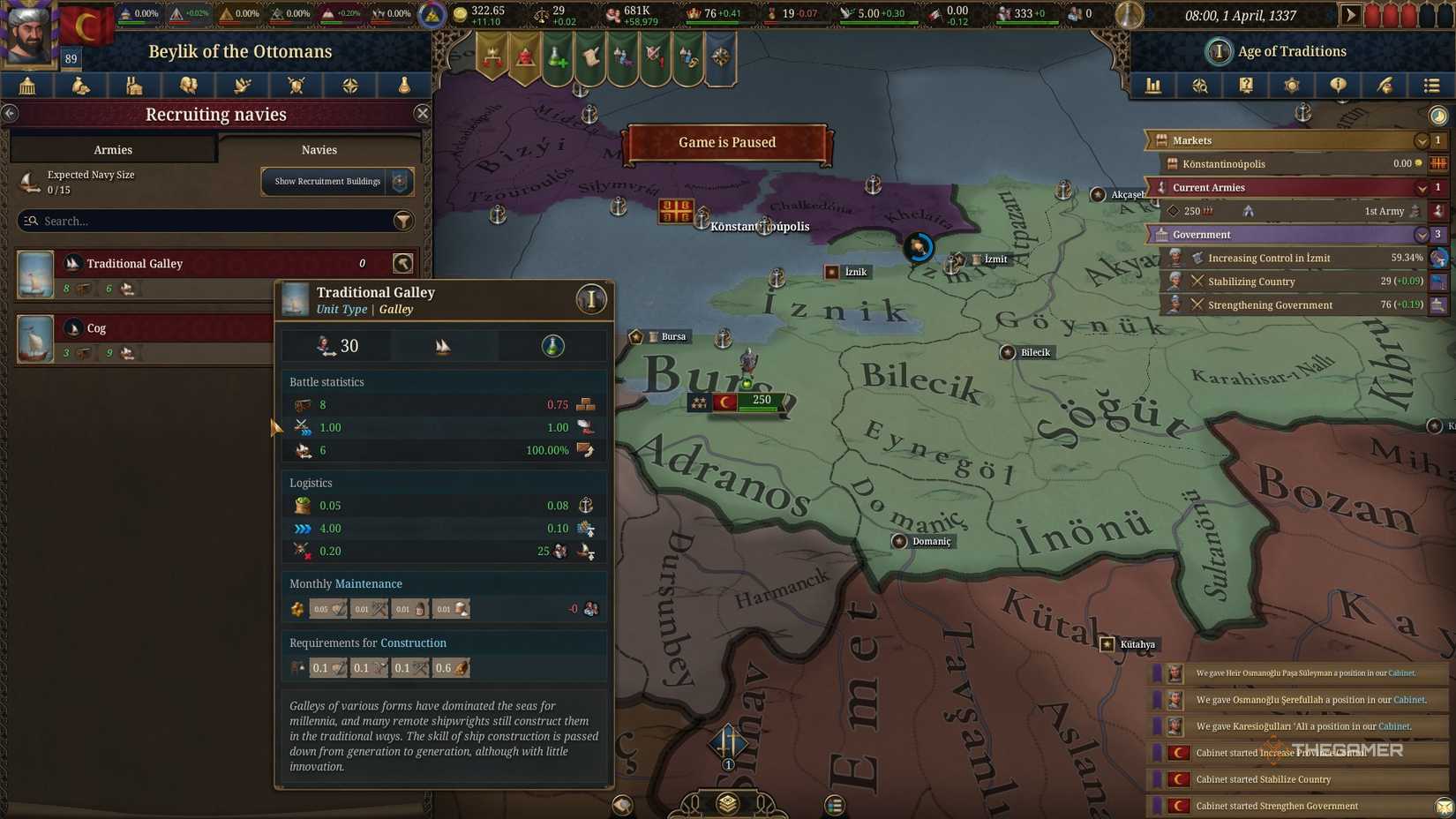 The Ottomans building ships in Europa Universalis 5.