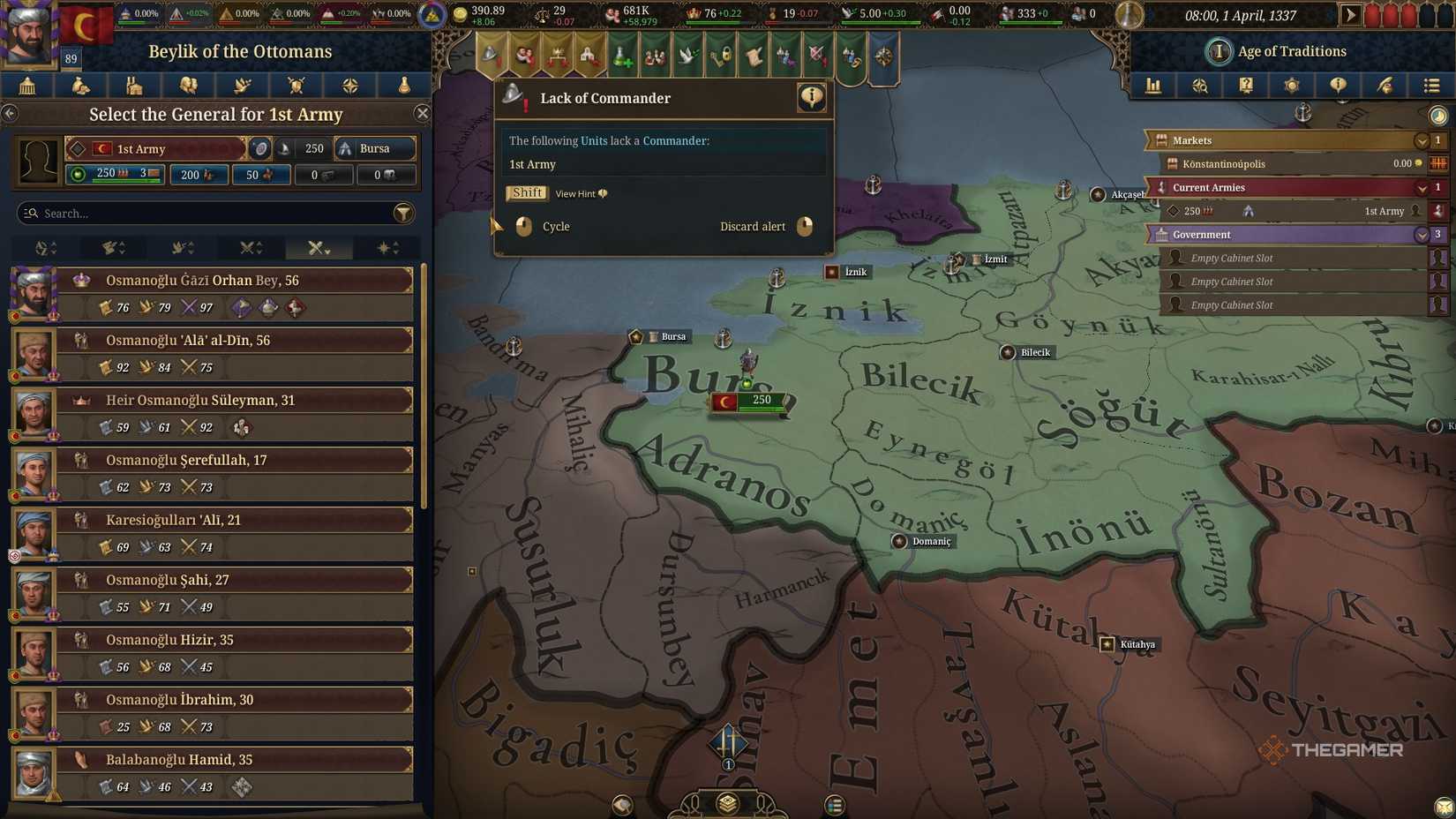 The Ottomans lacking a commander for their army in Europa Universalos 5.