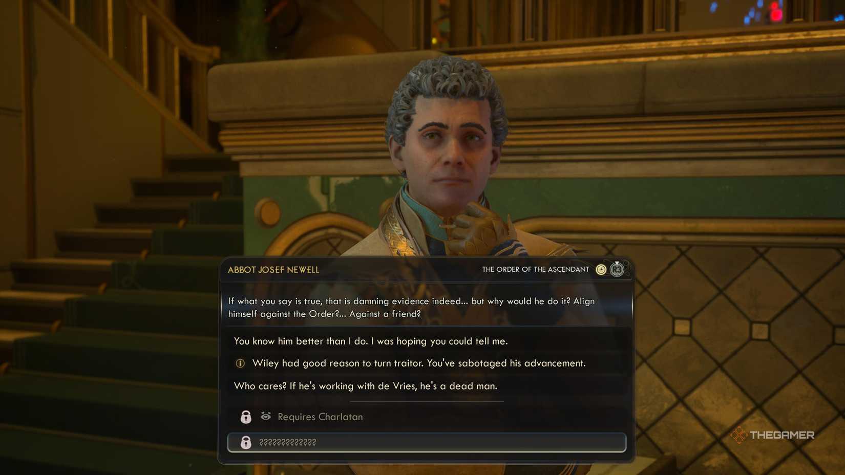 Talking to the Abbott about him undermining Wiley in The Outer Worlds 2.