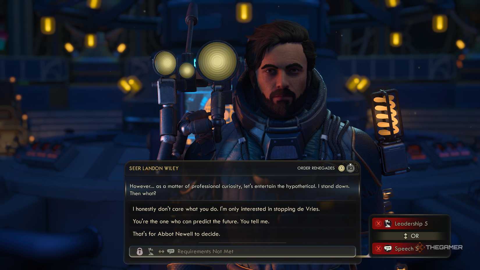 Wiley asking what happens if he stands down in the outer worlds 2.