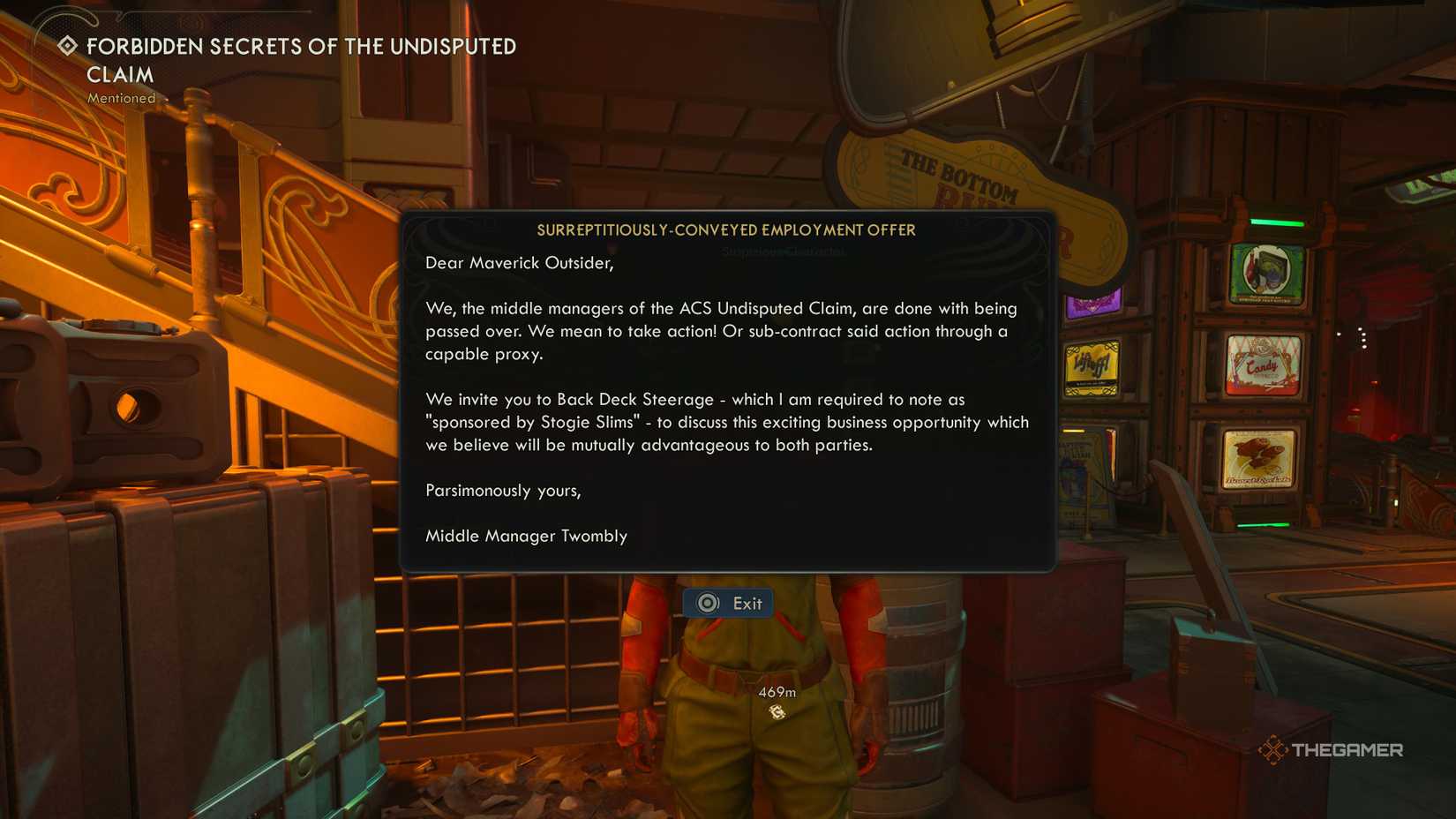 Receiving a note from the middle managers of the undisputed claim in the outer worlds 2.