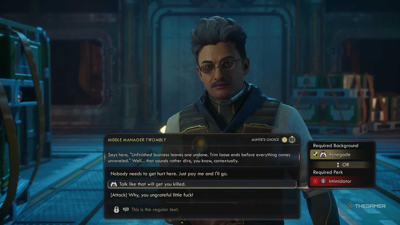 Using a renegade response in dialogue with twombly in the outer worlds 2.