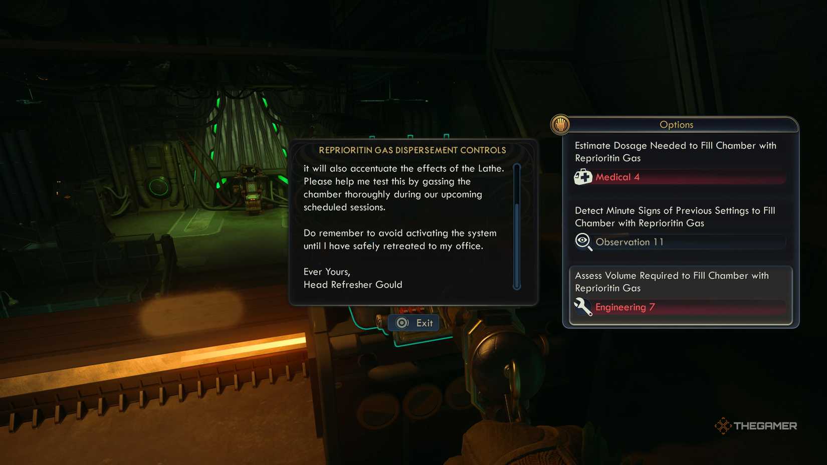 The ability to put mental refreshment gas into head refresher Gould's chambers in The Outer Worlds 2.