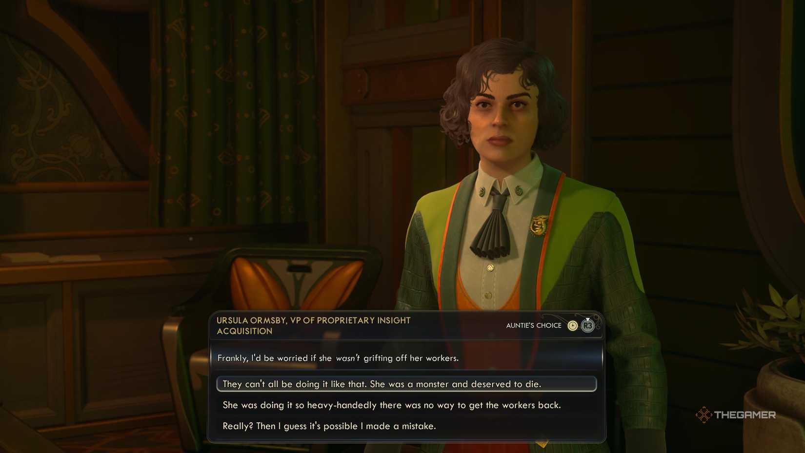 Talking to ursula about grifting off workers in the outer worlds 2.