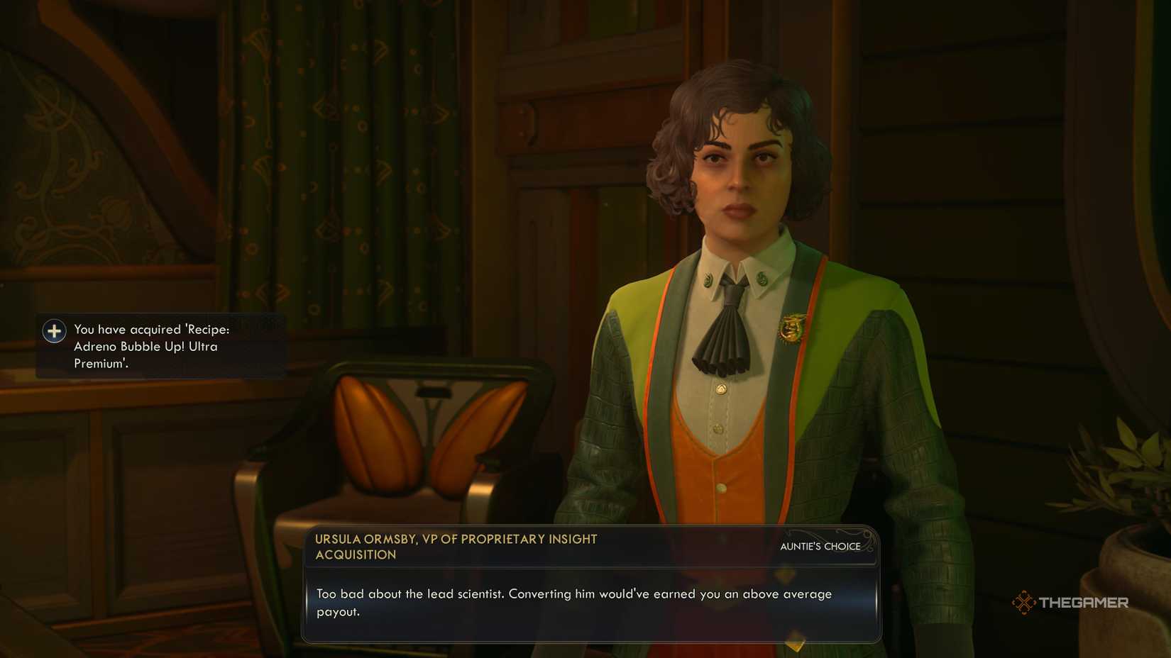 Ursula claiming you would have gotten a bigger reward if the scientist had joined Auntie's Choice in the outer worlds 2.