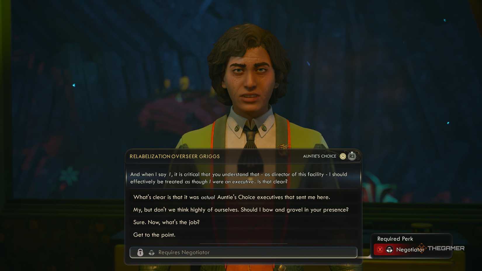 Griggs stating she should be treated like an executive in the outer worlds 2.