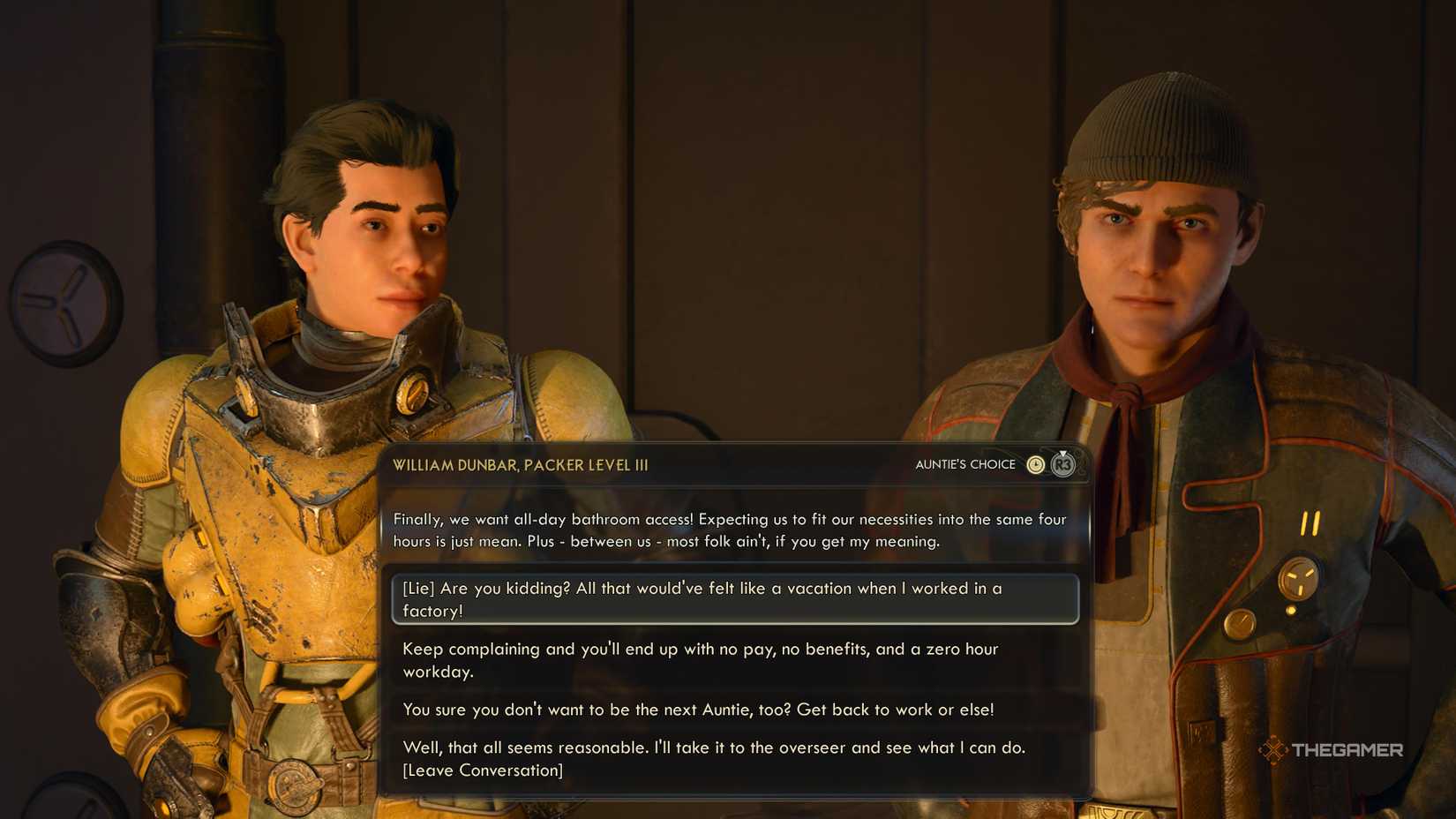 Dunbar asking for all-day bathroom access in the outer worlds 2.