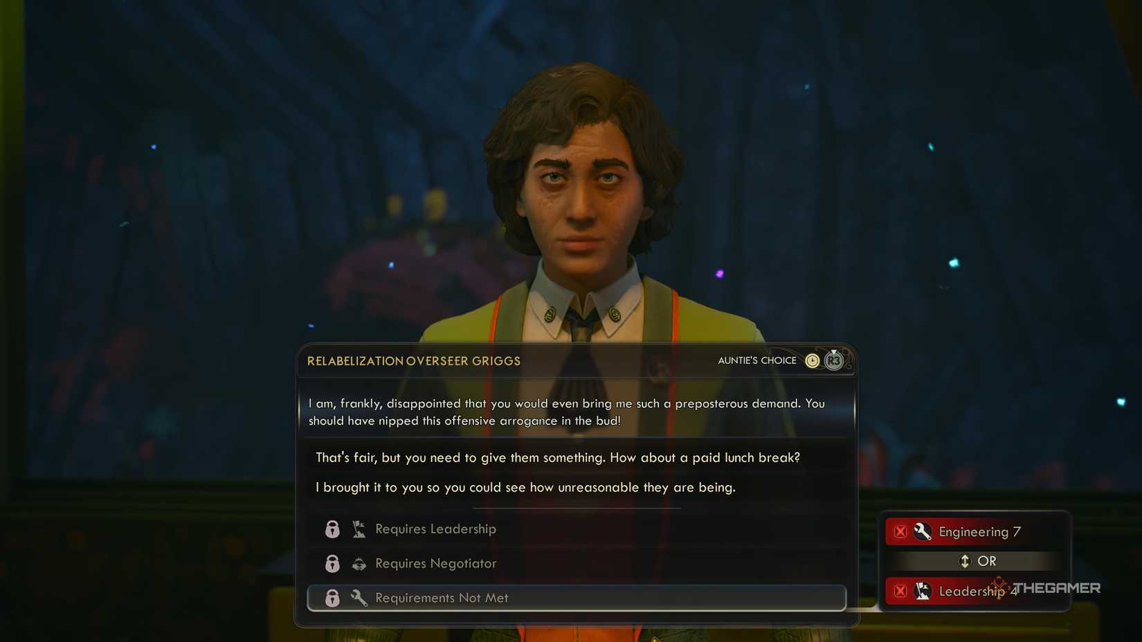 Talking about work hours with griggs in the outer worlds 2.