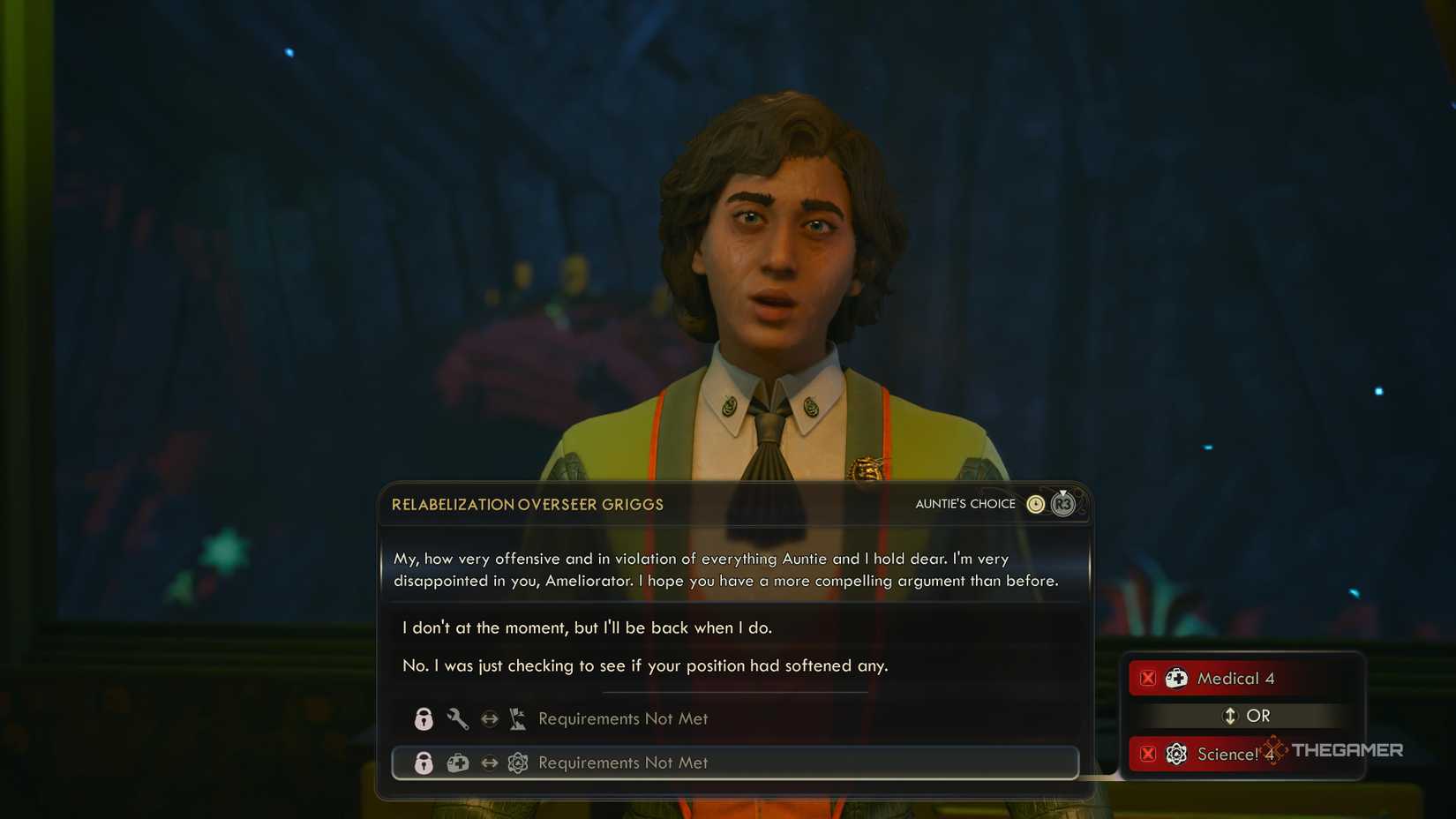 A skill check in conversation with griggs in the outer worlds 2.