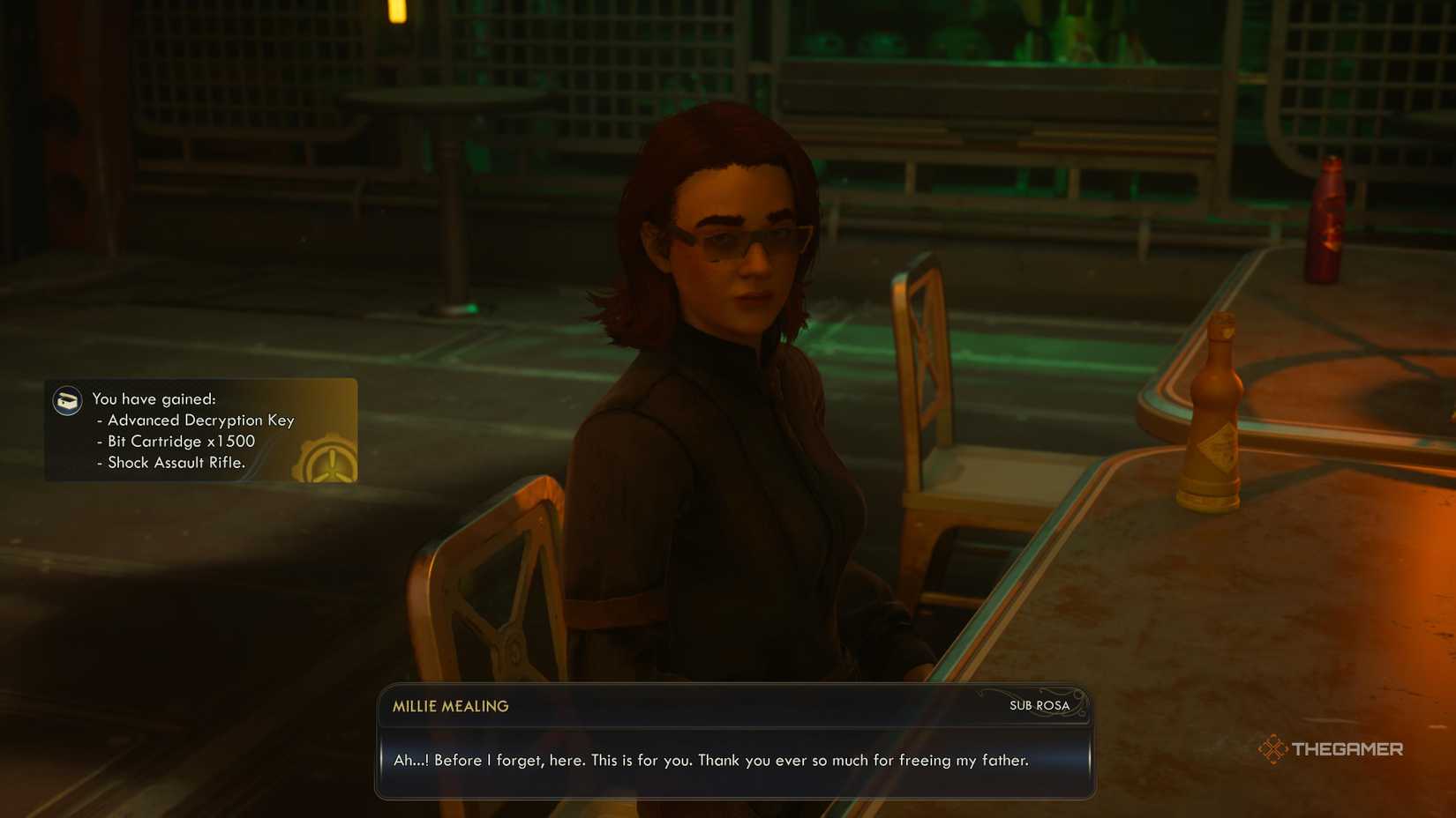 Millie rewarding you for helping her father in the outer worlds 2.