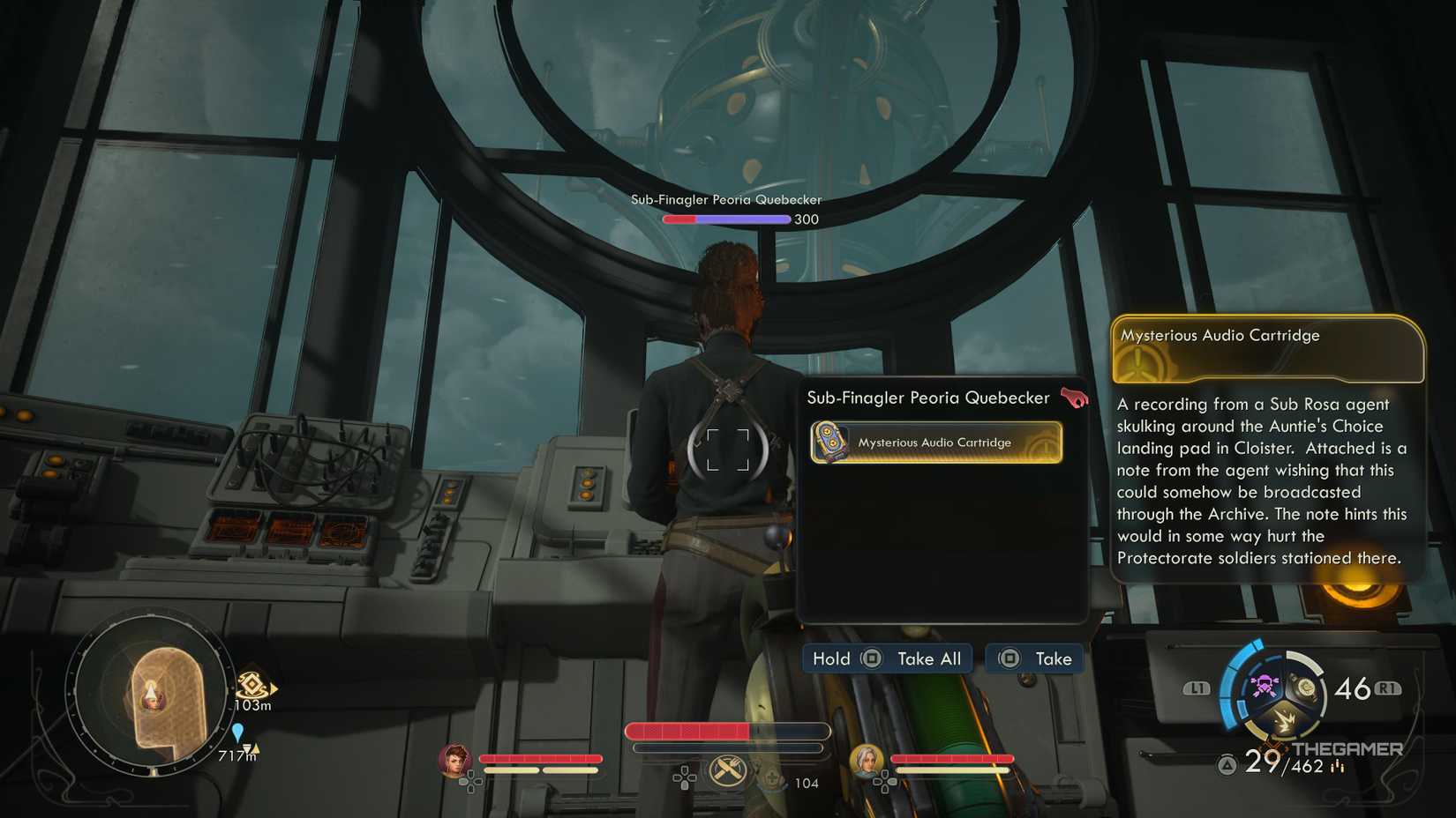 An audio cartridge being stolen from a sub rosa character in the outer worlds 2.