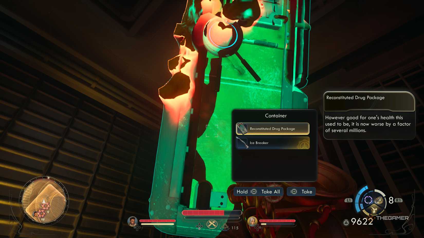 The reconstituted drug package in a rift container in the outer worlds 2.