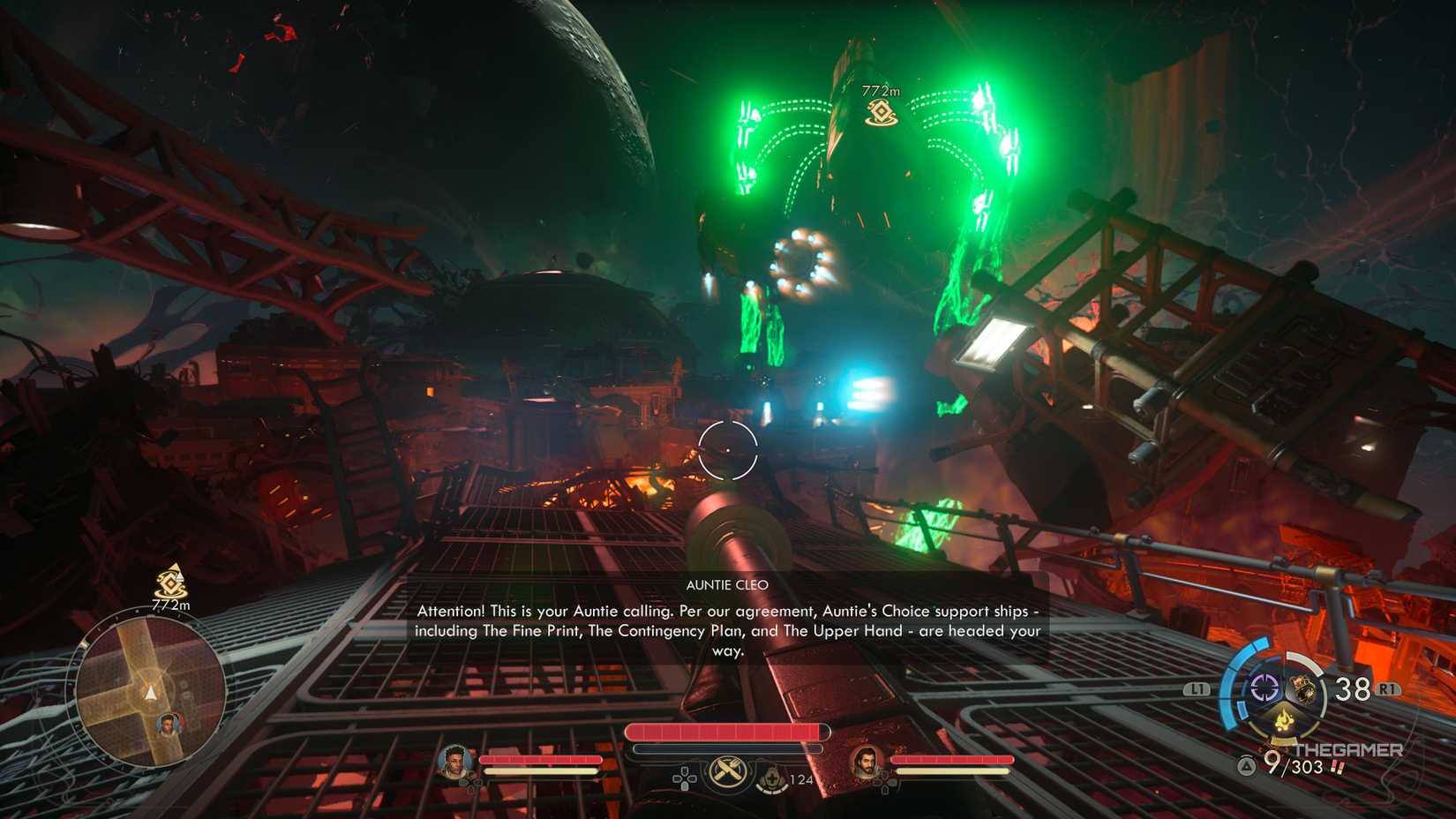 The Sovereign's ship in the distance in the finale of the outer worlds 2.